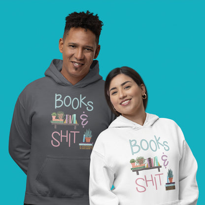 Modeled product image of Moxie•Pop's unisex graphic hoodie with "Books & Shit" with books and house plants artwork in dark heather and white