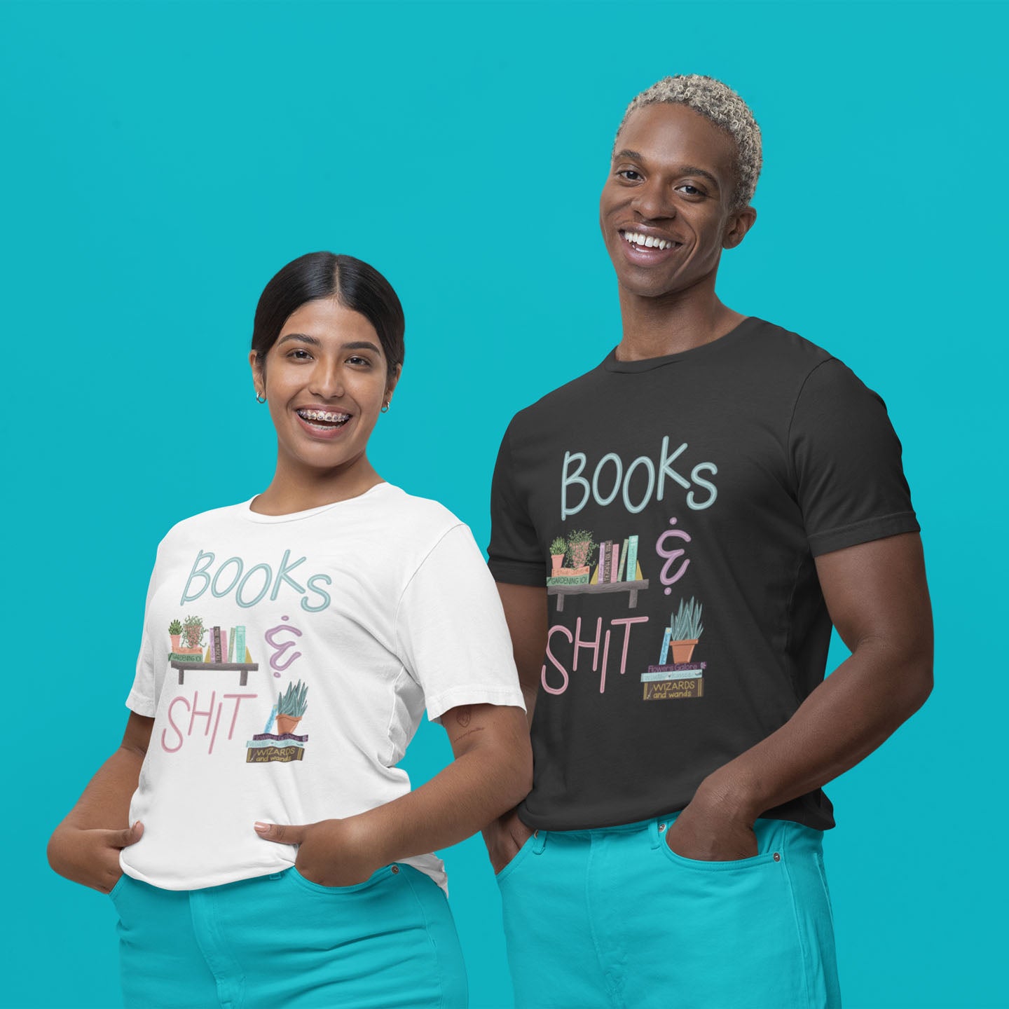 Modeled product image of Moxie•Pop's unisex graphic tee with "Books & Shit" with books and house plants artwork in white and dark grey heather.