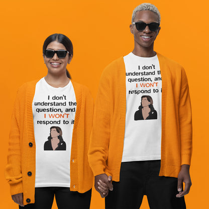 Modeled product image of Moxie•Pop's men's long sleeve graphic tee with a illustration of Lucille Bluth below the phrase "I don't understand the question, and I won't respond to it." in white. Models are wearing orange cardigans, black pants, and black sunglasses. 