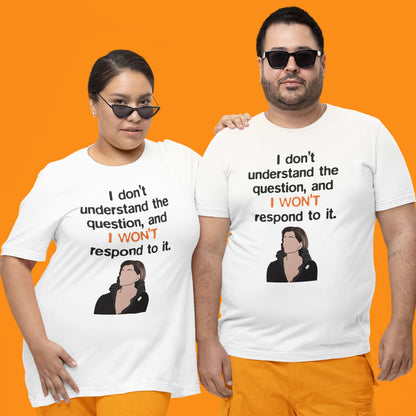 Modeled product image of Moxie•Pop's unisex graphic tee with a illustration of Lucille Bluth below the phrase "I don't understand the question, and I won't respond to it." in white