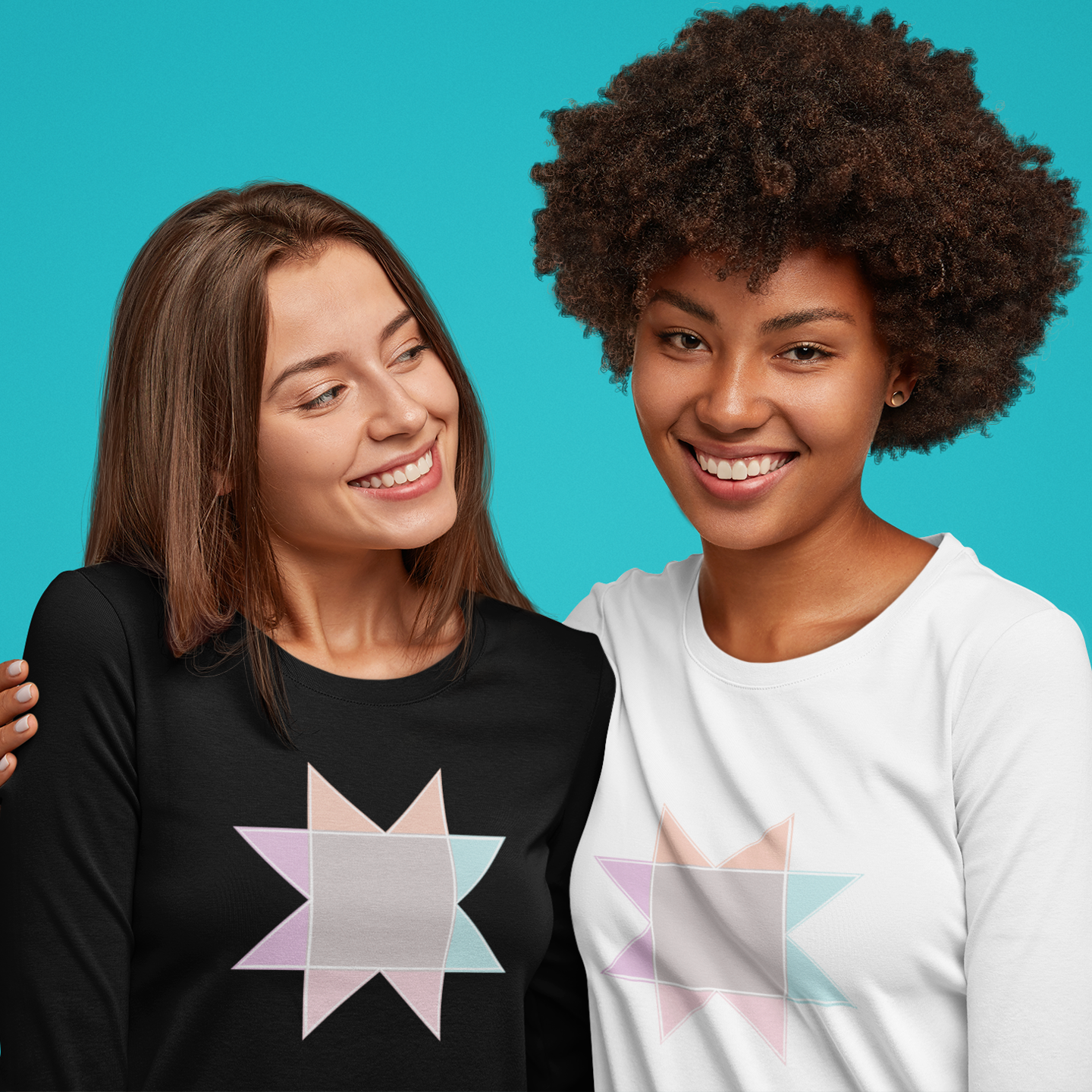 Modeled image of Moxie•Pop's men's long sleeve graphic tee with a pastel sawtooth star quilt block design in black and in white. 