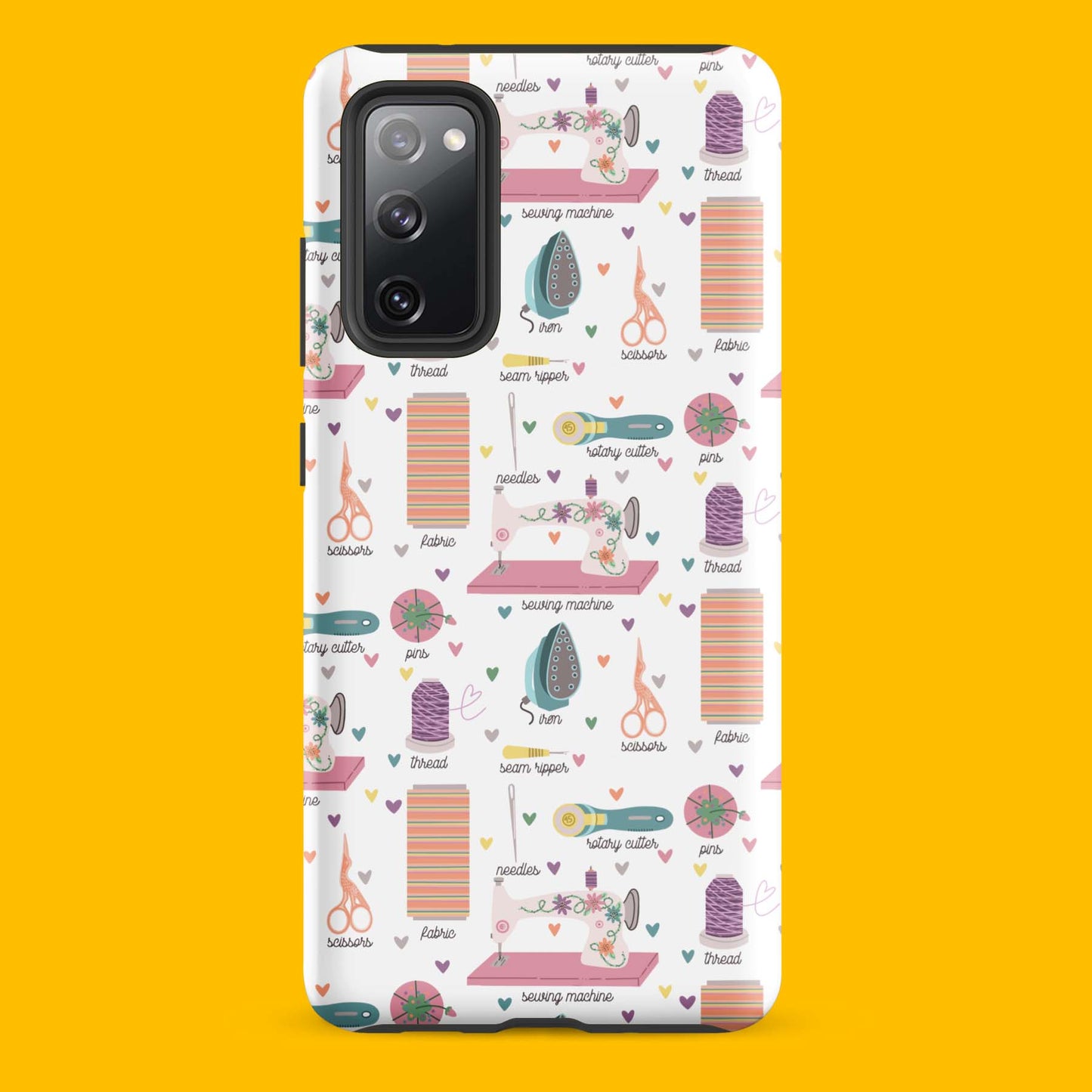 Moxie•Pop's tough case for  Samsung® with a series of hand-drawn sewing tools with their names below design with a yellow backdrop