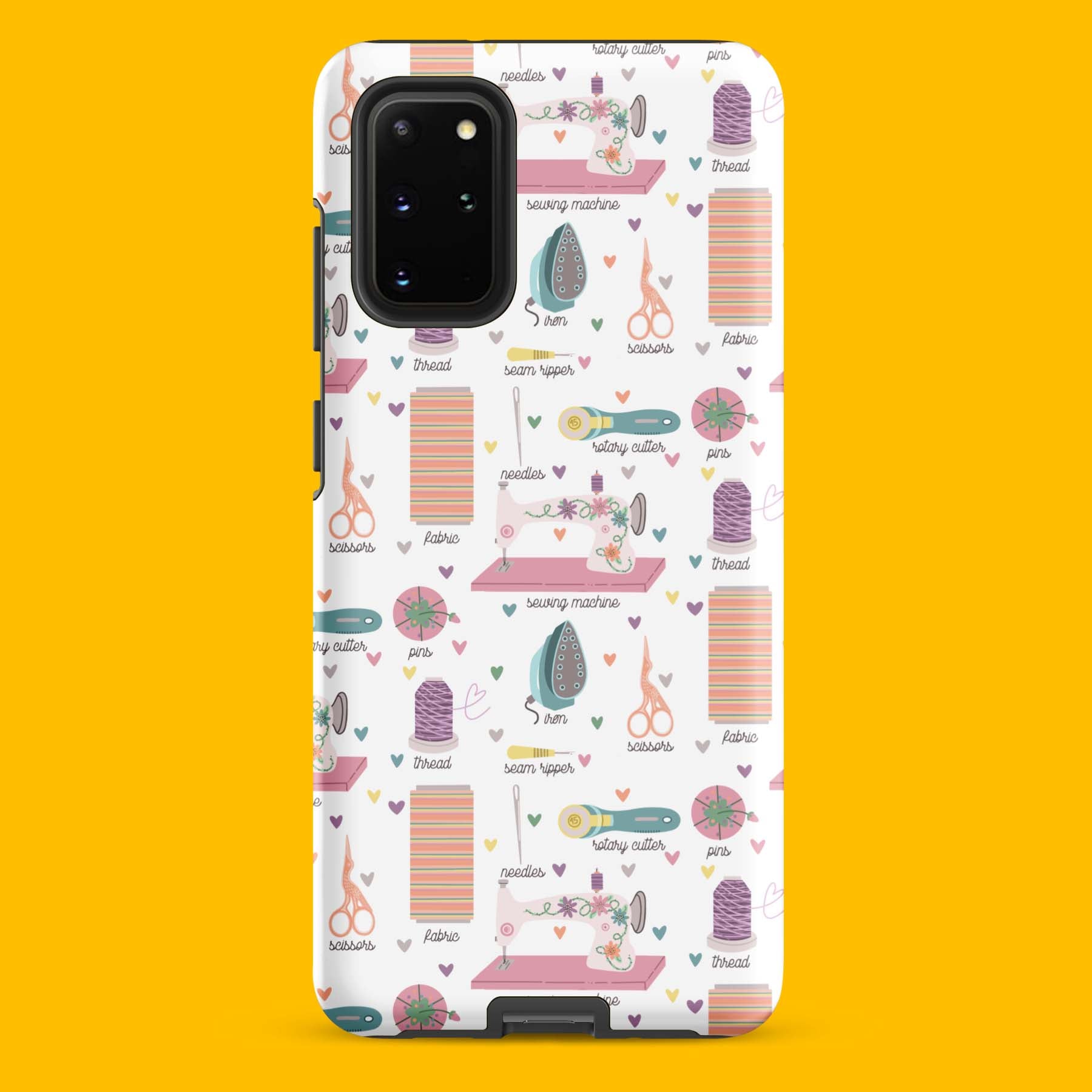 Moxie•Pop's tough case for  Samsung® with a series of hand-drawn sewing tools with their names below design with a yellow backdrop