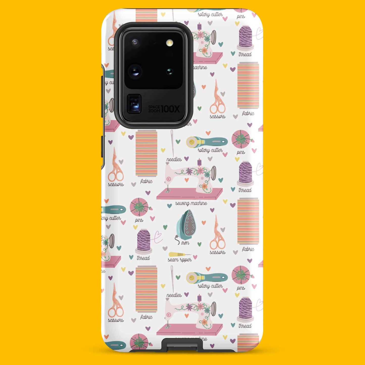 Moxie•Pop's tough case for  Samsung® with a series of hand-drawn sewing tools with their names below design with a yellow backdrop