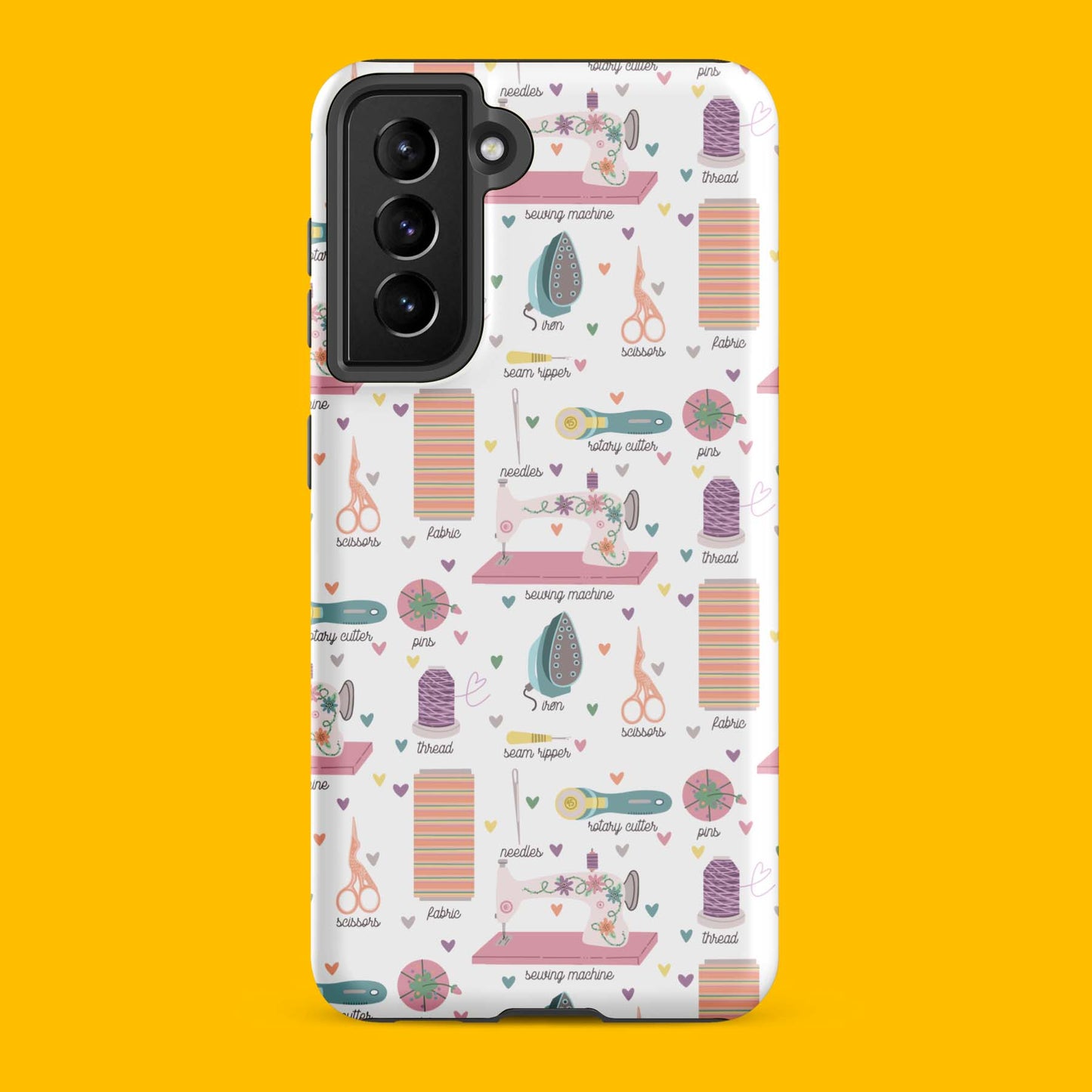 Moxie•Pop's tough case for  Samsung® with a series of hand-drawn sewing tools with their names below design with a yellow backdrop