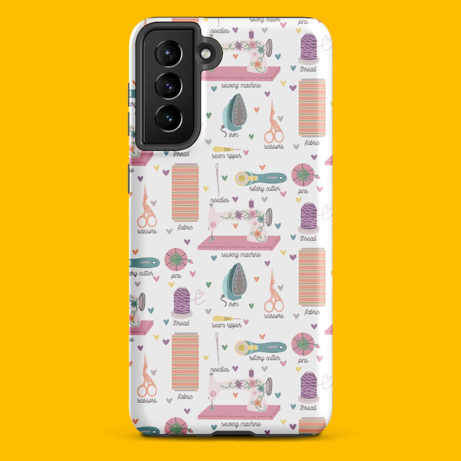 Moxie•Pop's tough case for  Samsung® with a series of hand-drawn sewing tools with their names below design with a yellow backdrop