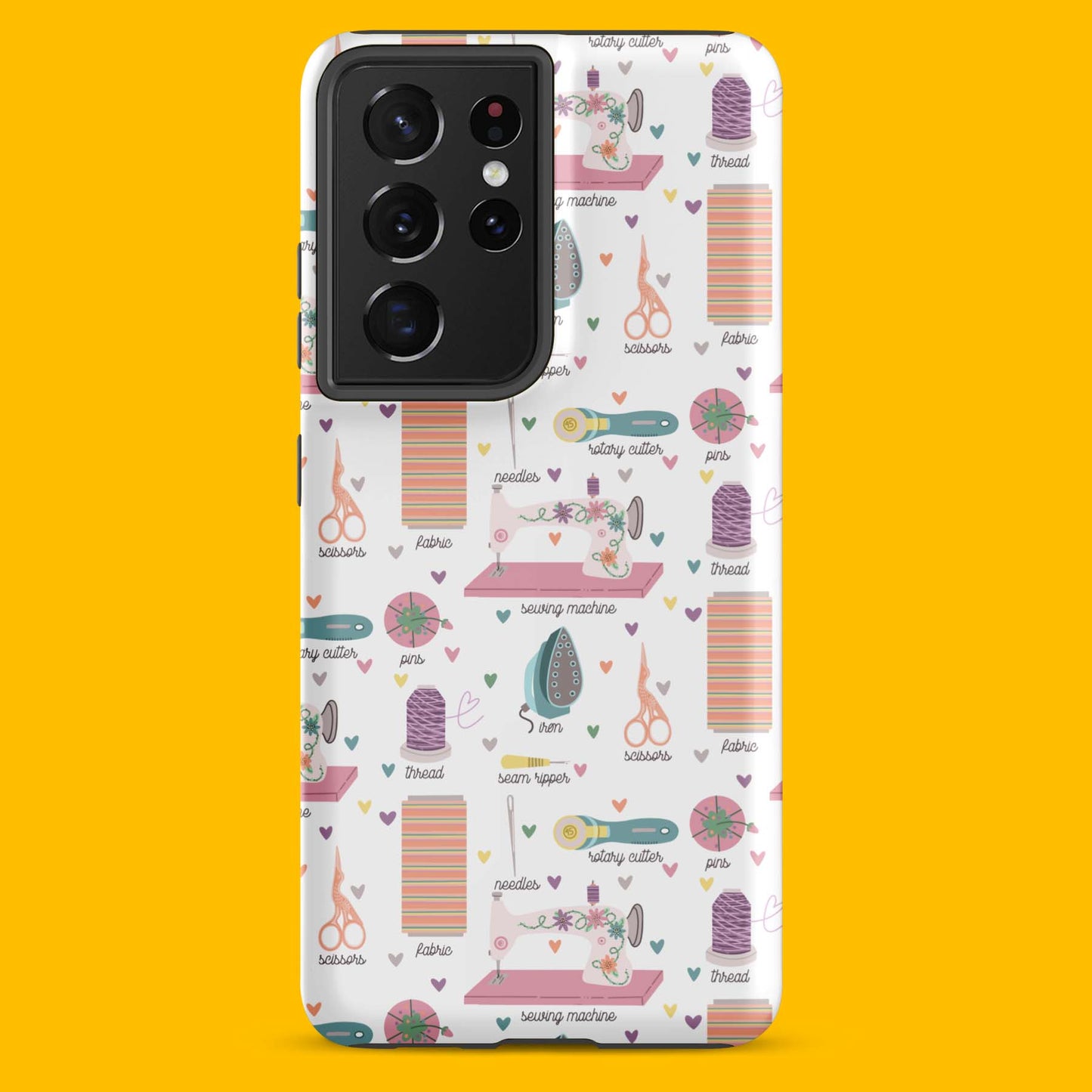 Moxie•Pop's tough case for  Samsung® with a series of hand-drawn sewing tools with their names below design with a yellow backdrop