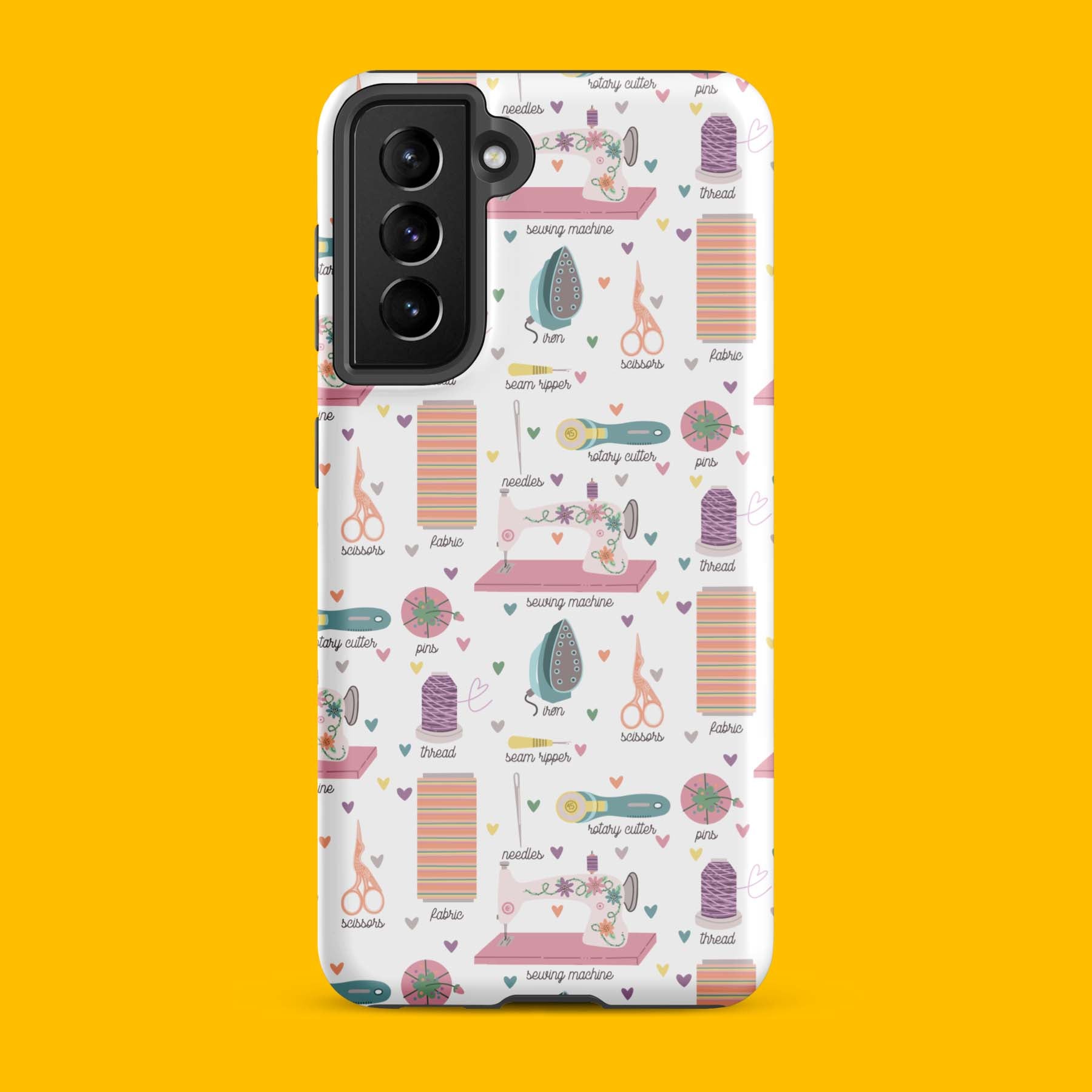 Moxie•Pop's tough case for  Samsung® with a series of hand-drawn sewing tools with their names below design with a yellow backdrop