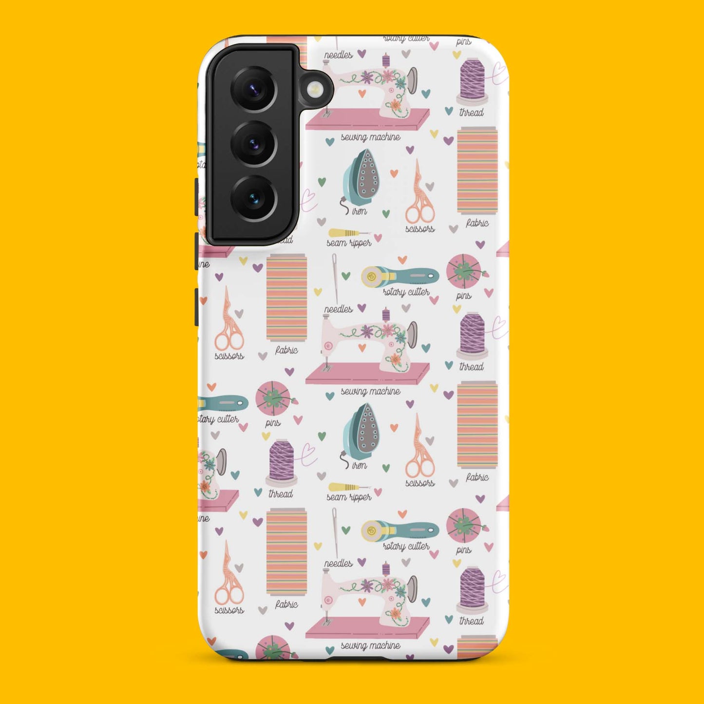 Moxie•Pop's tough case for  Samsung® with a series of hand-drawn sewing tools with their names below design with a yellow backdrop