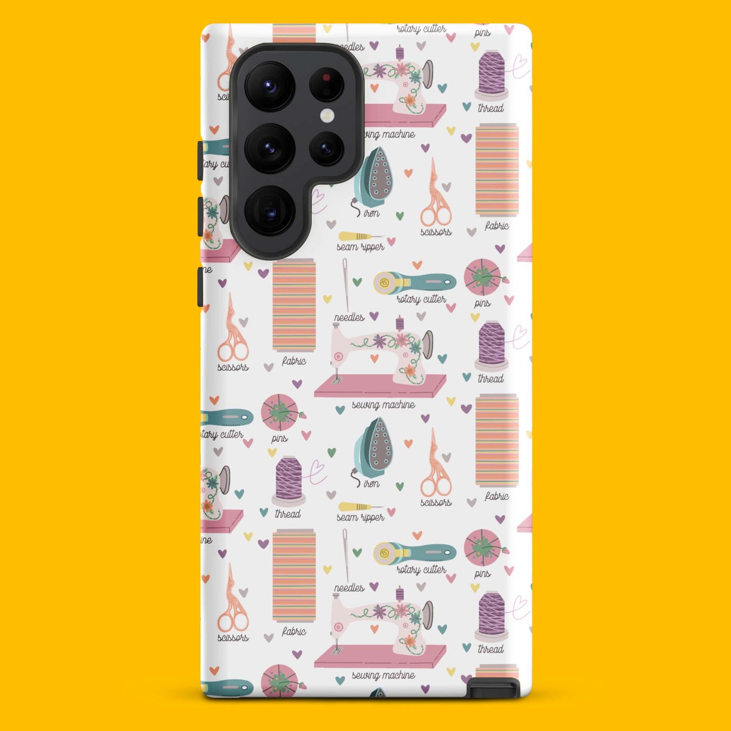 Moxie•Pop's tough case for  Samsung® with a series of hand-drawn sewing tools with their names below design with a yellow backdrop