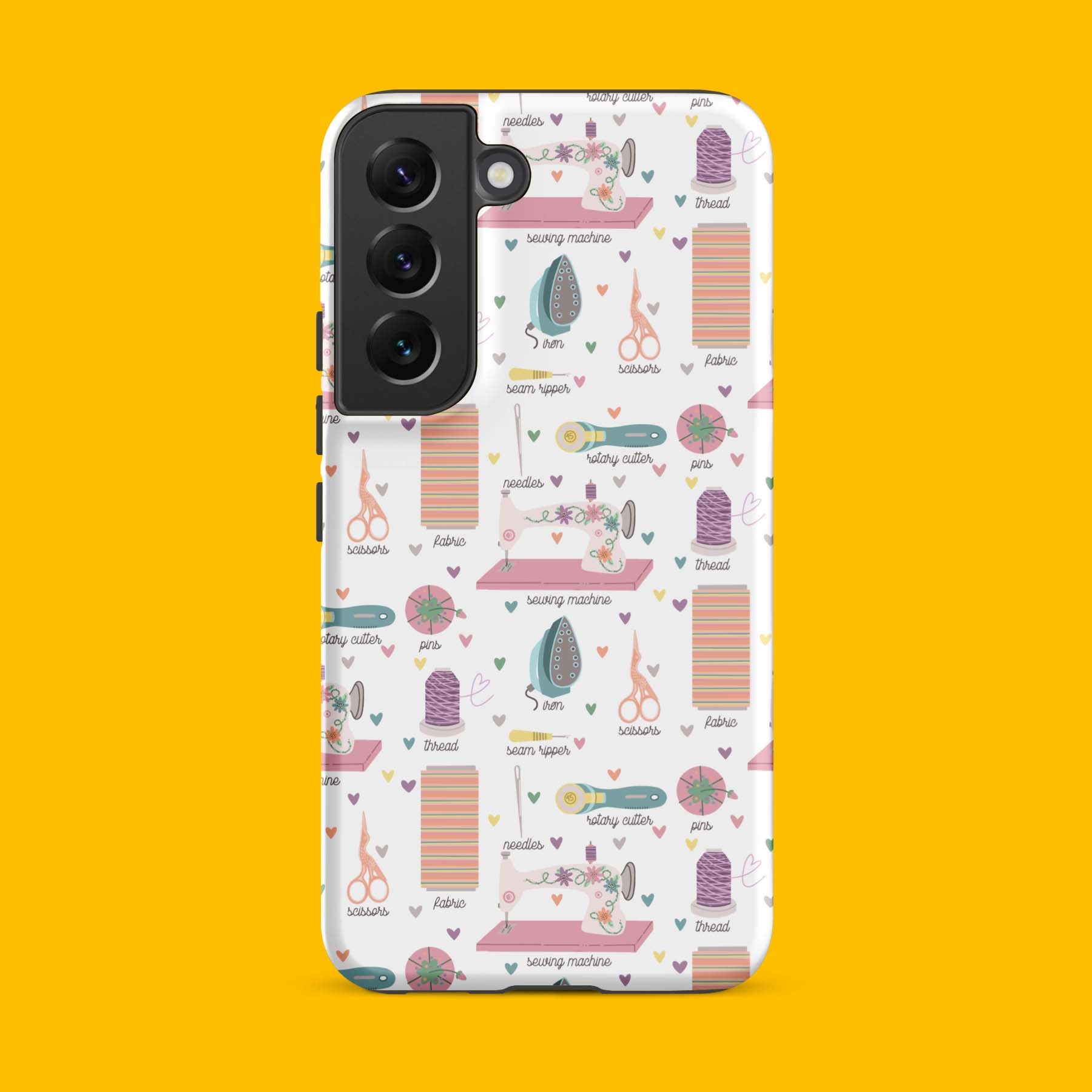 Moxie•Pop's tough case for  Samsung® with a series of hand-drawn sewing tools with their names below design with a yellow backdrop