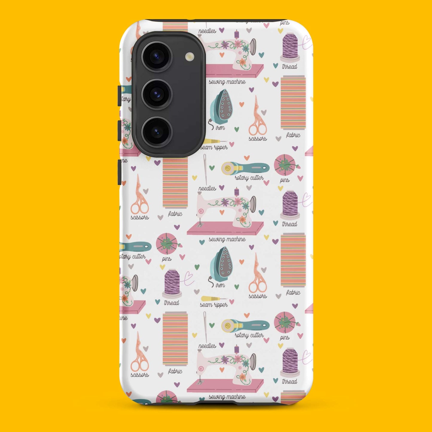 Moxie•Pop's tough case for  Samsung® with a series of hand-drawn sewing tools with their names below design with a yellow backdrop