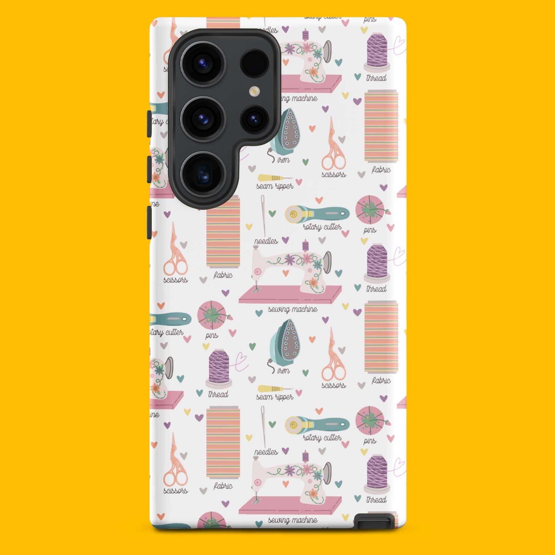 Moxie•Pop's tough case for  Samsung® with a series of hand-drawn sewing tools with their names below design with a yellow backdrop