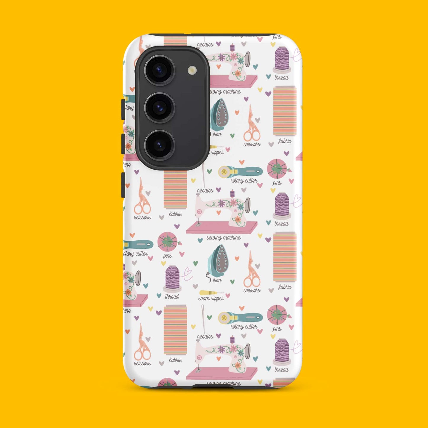 Moxie•Pop's tough case for  Samsung® with a series of hand-drawn sewing tools with their names below design with a yellow backdropMoxie•Pop's tough case for  Samsung® with a series of hand-drawn sewing tools with their names below design with a yellow backdrop