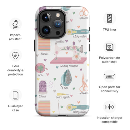 Moxie•Pop's tough case for  iPhone® with specs with a series of hand-drawn sewing tools with their names below design