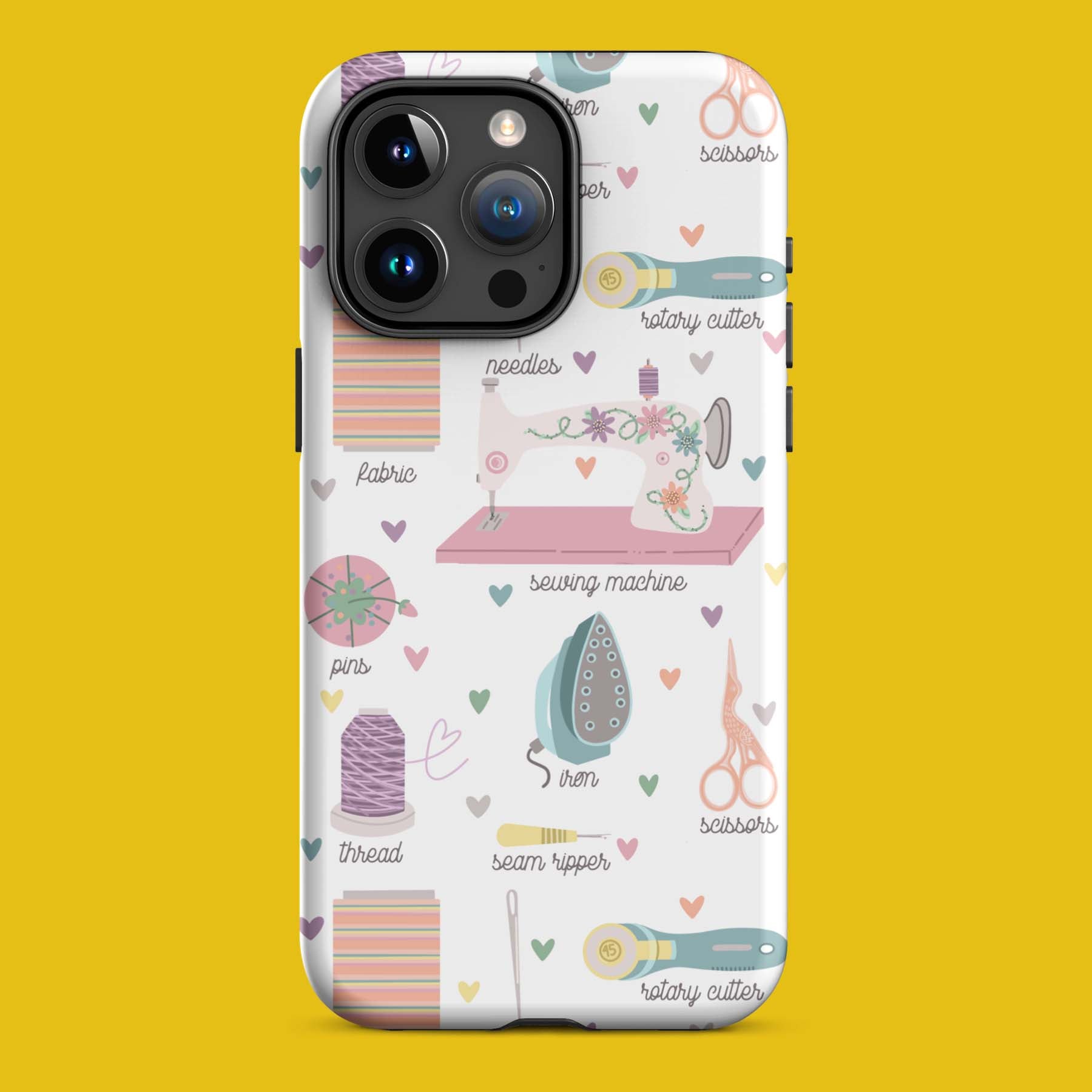 Moxie•Pop's tough case for  iPhone® with a series of hand-drawn sewing tools with their names below design with yellow backdrop