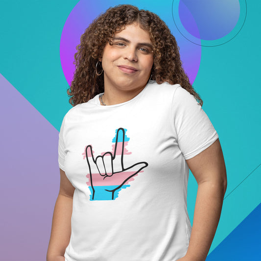 Modeled product image of Moxie•Pop's unisex graphic tee with blue, pink, and white stripes behind a black ASL I love you hand sign icon in support of transgendered design in white