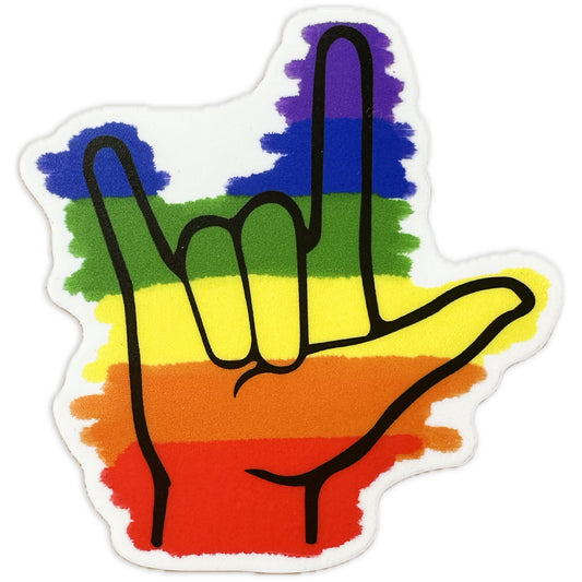 Lay flat product image of Moxie•Pop's vinyl sticker with a ASL I love you hand sign icon colored in rainbow stripes/