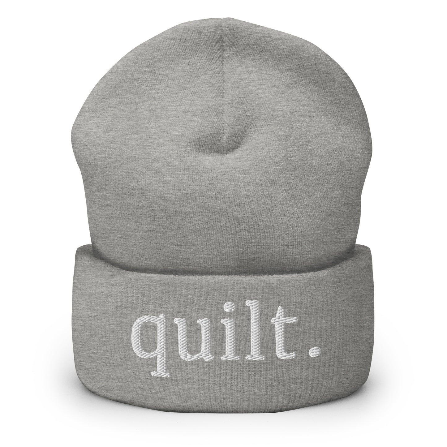 Moxie•Pop's cuffed beanie in heather grey with "quilt." embroidered in white