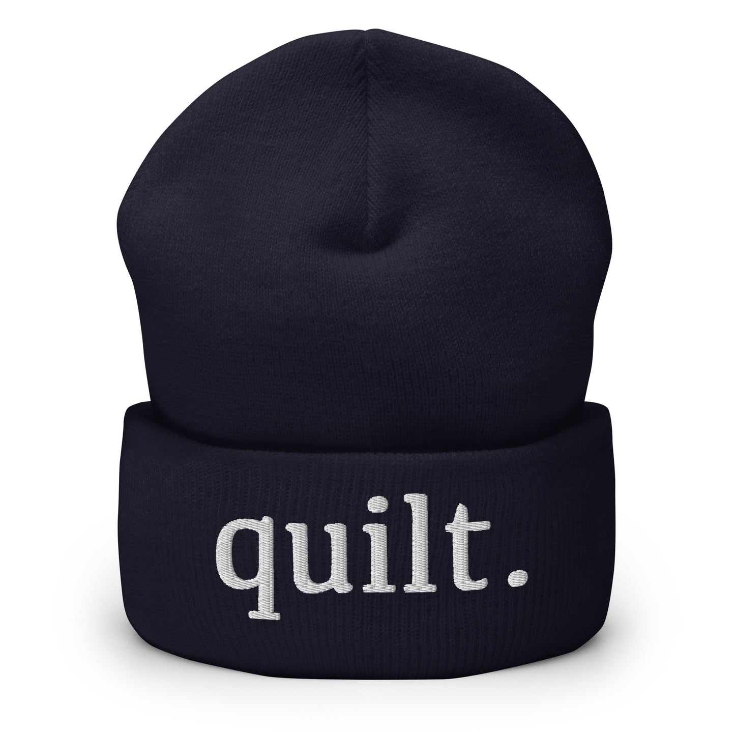 Moxie•Pop's cuffed beanie in navy with "quilt." embroidered in white