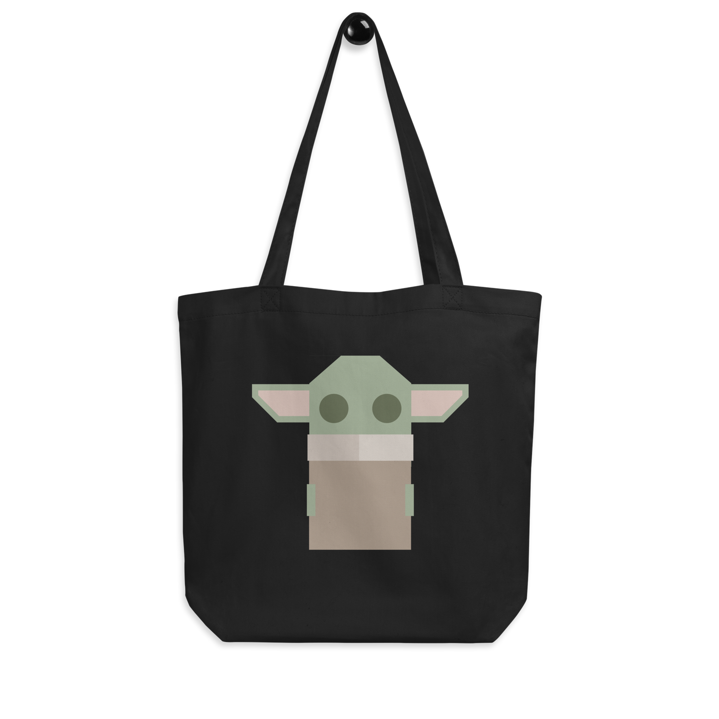 Moxie•Pop's eco tote bag with a geometric-styled Grogu hanging product image in black