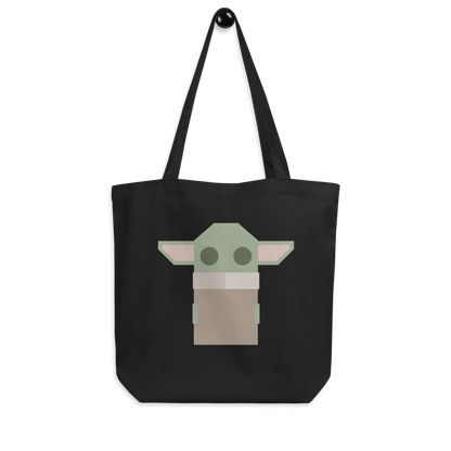 Moxie•Pop's eco tote bag with a geometric-styled Grogu hanging product image in black