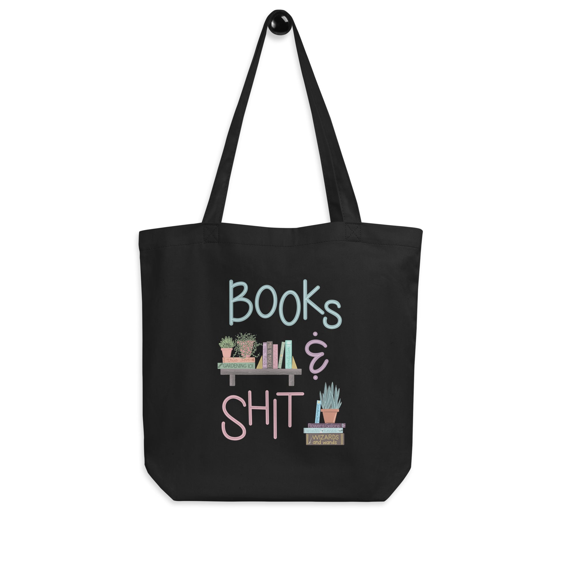 Hanging product image of Moxie•Pop's eco tote bag with "Books & Shit" with books and house plants artwork in black