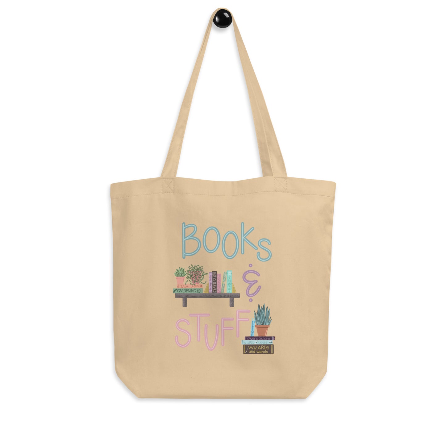 Ghost product image of Moxie•Pop's eco tote bag with "Books & Stuff" with books and house plants artwork in oyster