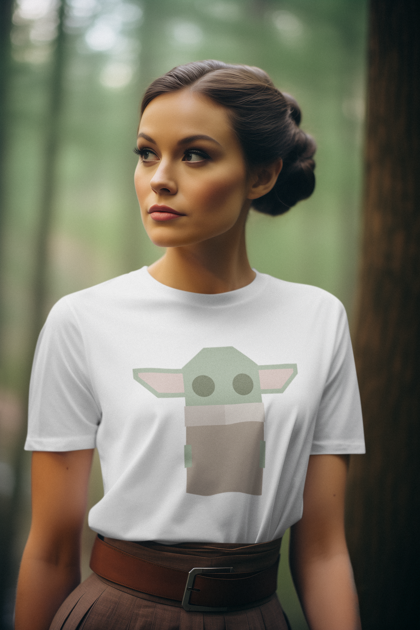 AI generated cosplay modeled product image of Moxie•Pop's unisex graphic tee with a stylized geometric Grogu design in white