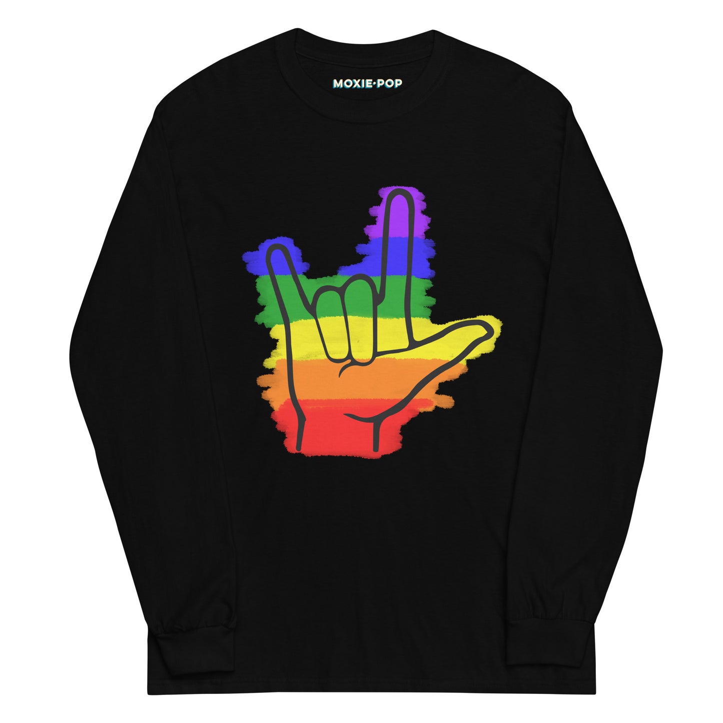 Lay flat product image of Moxie•Pop's men's long sleeve graphic tee with colored rainbow stripes behind a black ASL I love you hand sign icon design in black