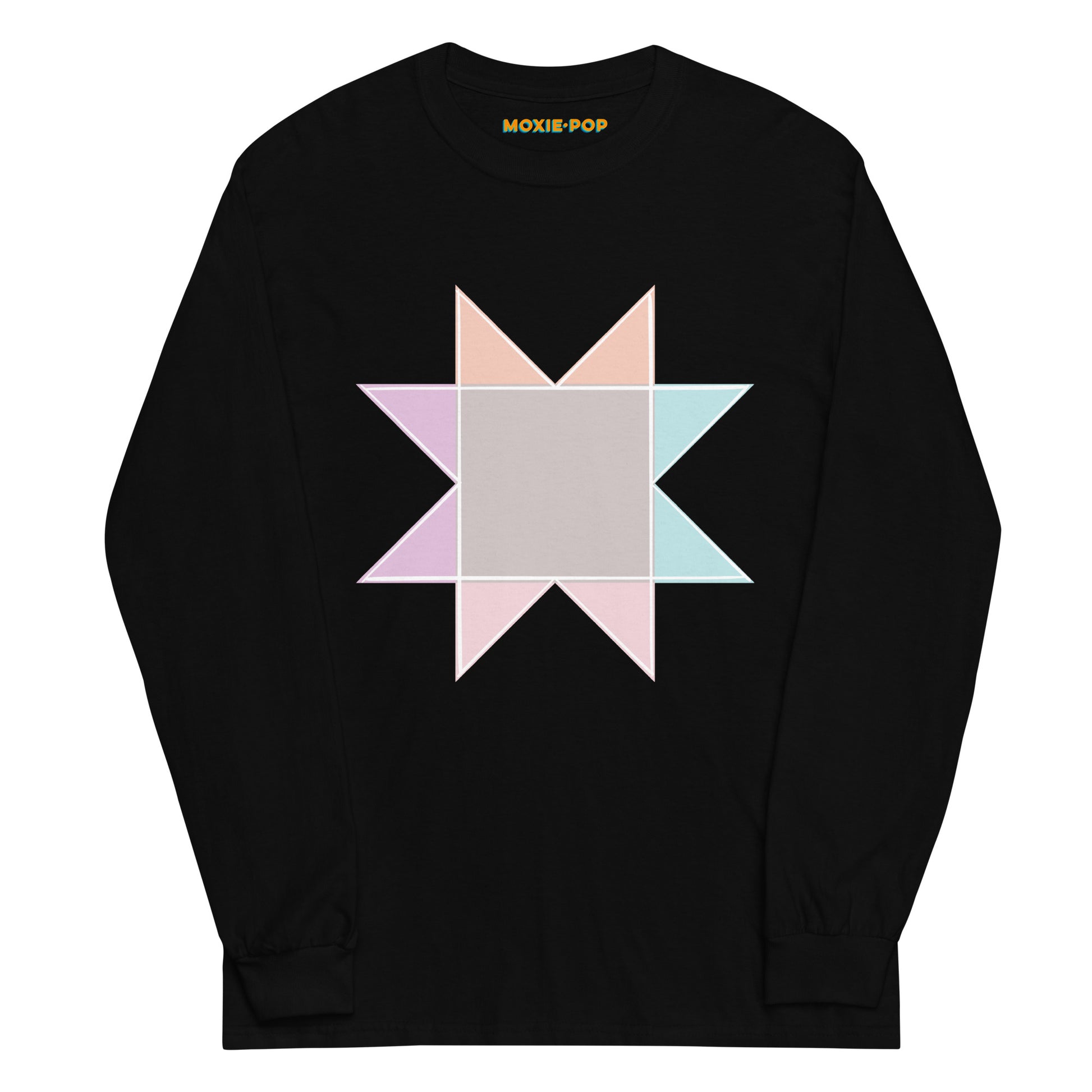 Ghost image of Moxie•Pop's men's long sleeve graphic tee with a pastel sawtooth star quilt block design in black