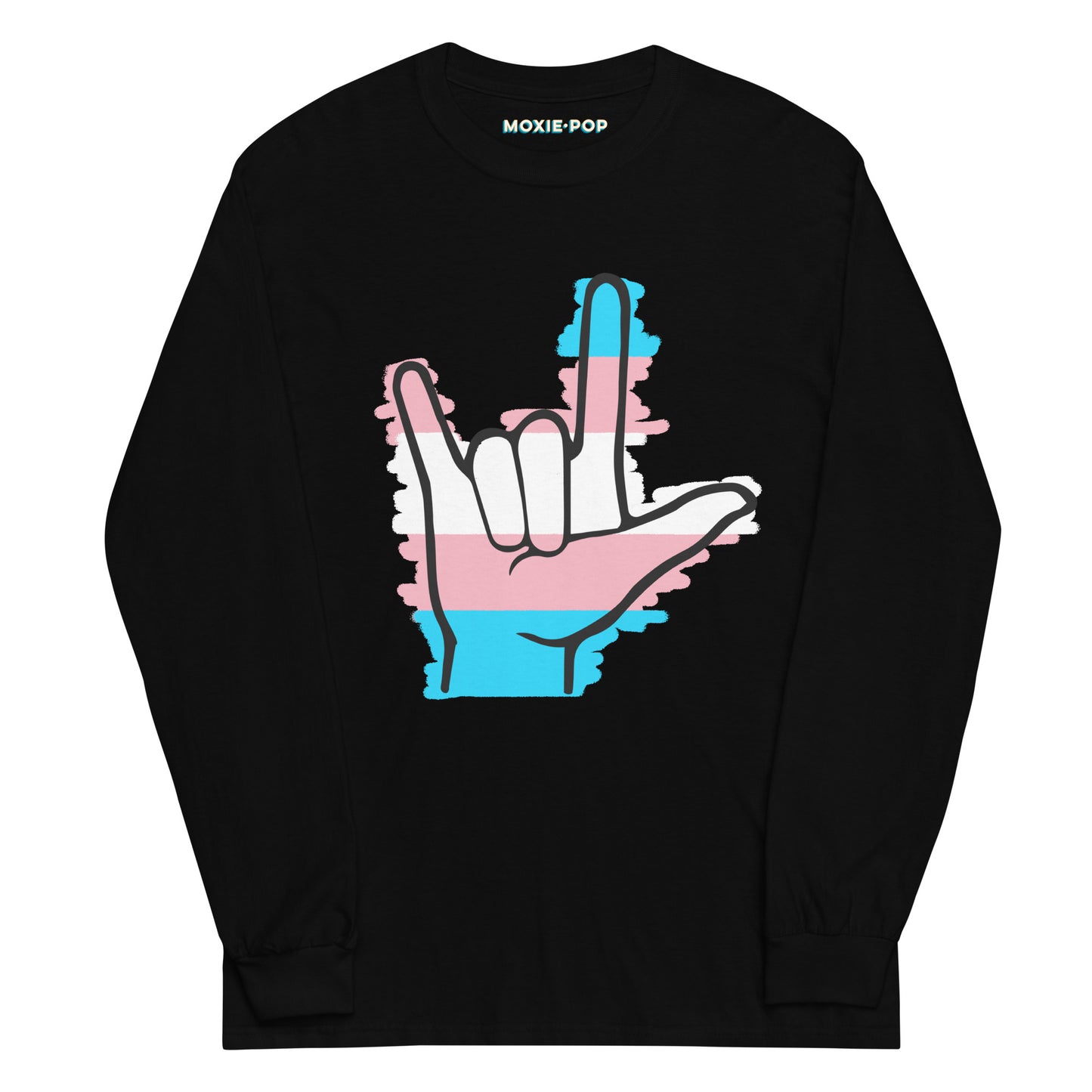 Lay flat product image of Moxie•Pop's men's long sleeve graphic tee with blue, pink, and white stripes behind a black ASL I love you hand sign icon in support of transgendered design in black