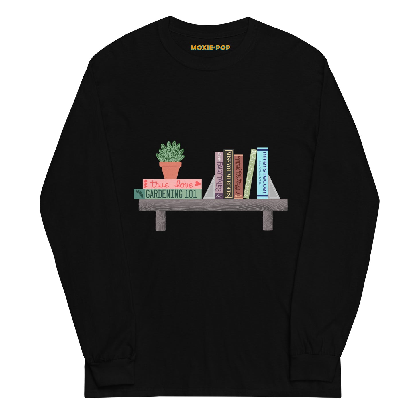 Lay flat product image of Moxie•Pop's men's long sleeve graphic tee with a illustration of a shelf, a series of books atop, and a house plant in black