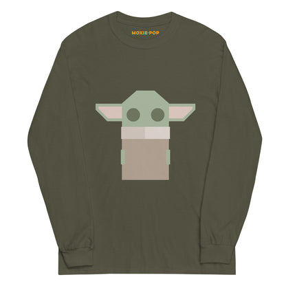 Lay flat product image of Moxie•Pop's men's long sleeve graphic tee with a stylized geometric Grogu design in military green