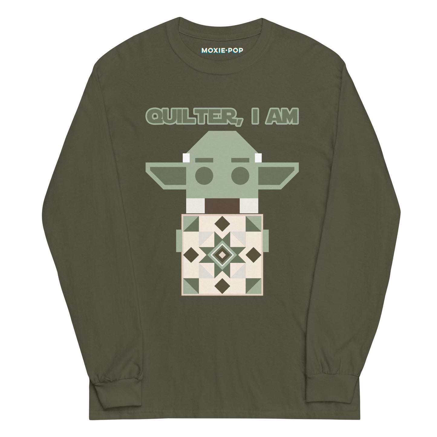 Lay flat product image of Moxie•Pop's men's long sleeve graphic tee with a geometric Yoda holding a quilt with the phrase "Quilter, I am" design in military green