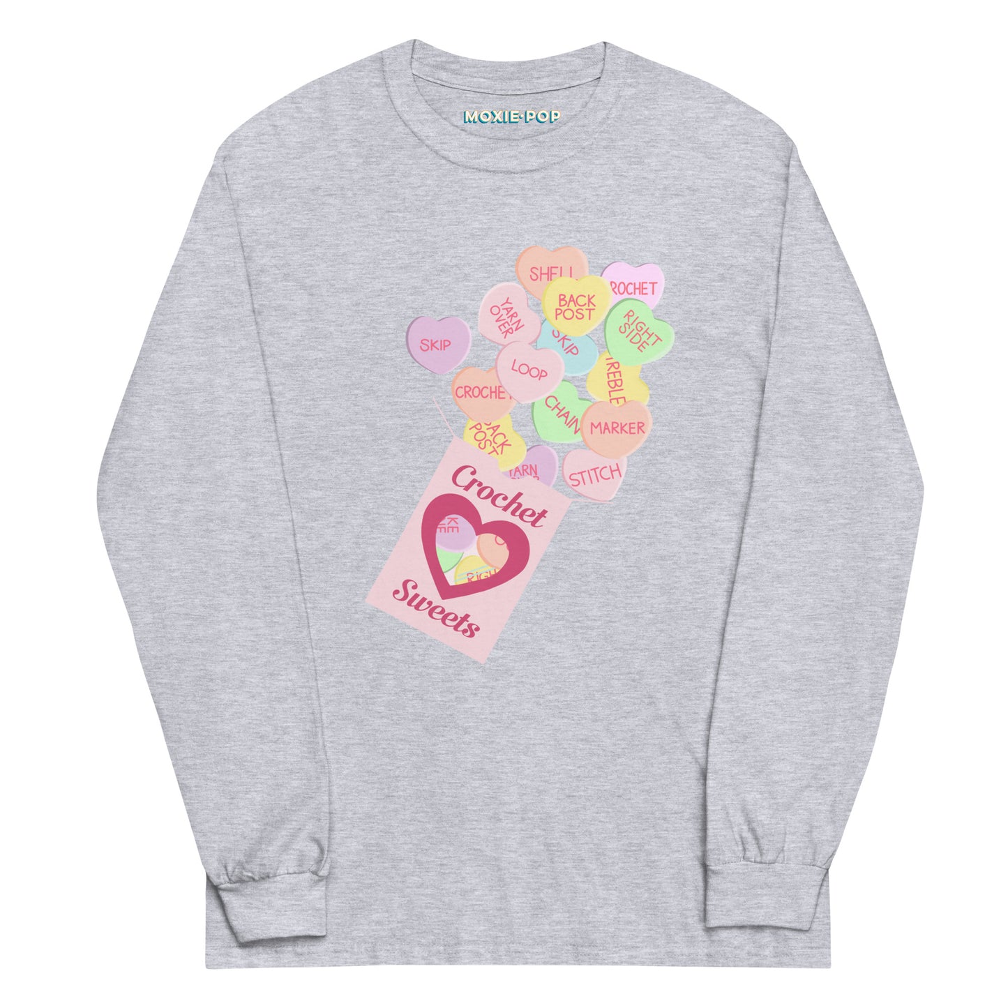 Lay flat product image of Moxie•Pop's men's long sleeve graphic tee with a box of "Crochet Sweets" and conversation hearts with crocheting terms design in sport grey