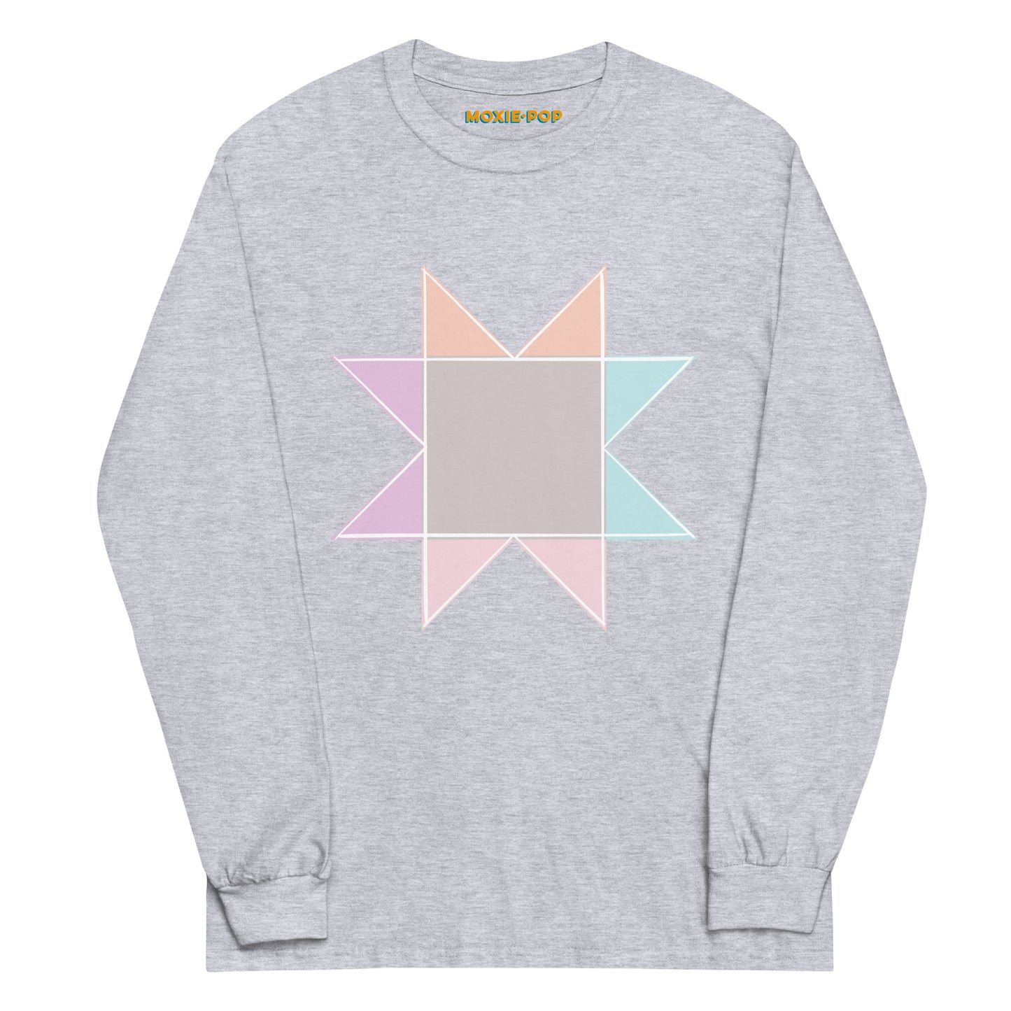 Ghost image of Moxie•Pop's men's long sleeve graphic tee with a pastel sawtooth star quilt block design in sport grey