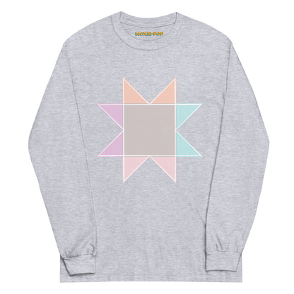 Ghost image of Moxie•Pop's men's long sleeve graphic tee with a pastel sawtooth star quilt block design in sport grey