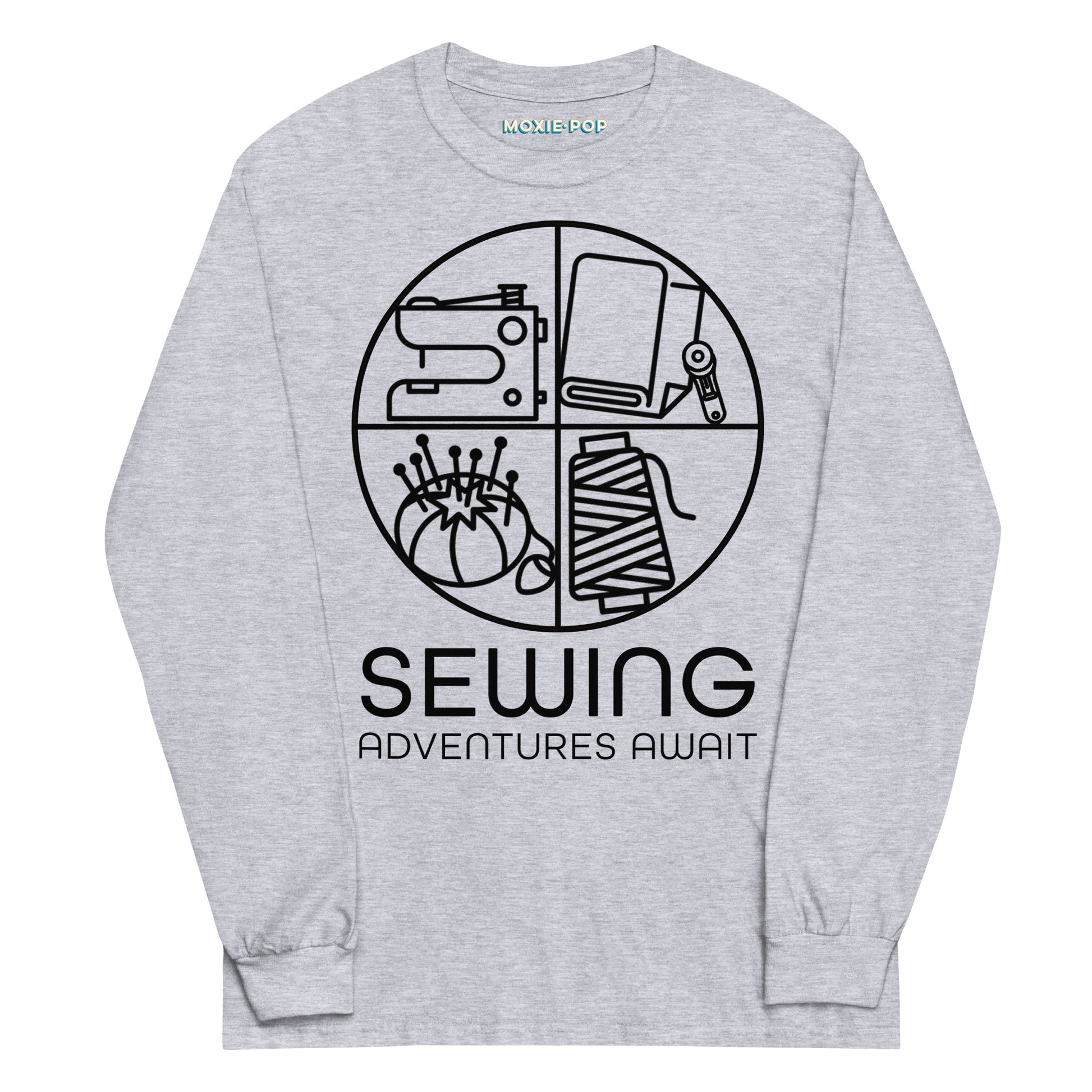 Lay flat product image of Moxie•Pop's men's long sleeve graphic tee with a minimalist design of sewing icons and the phrase "Sewing Adventures Await" design in sport grey