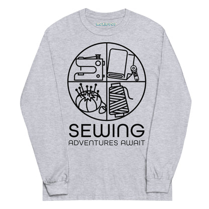 Lay flat product image of Moxie•Pop's men's long sleeve graphic tee with a minimalist design of sewing icons and the phrase "Sewing Adventures Await" design in sport grey