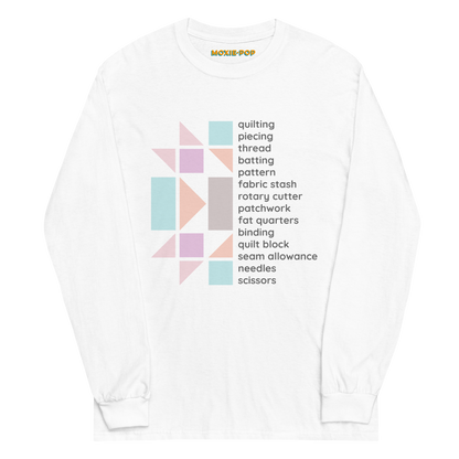 Moxie•Pop's men's long sleeve graphic tee with a half pastel quilt block on the left and a list of quilt terms on the right design lay-flat product image in white. 