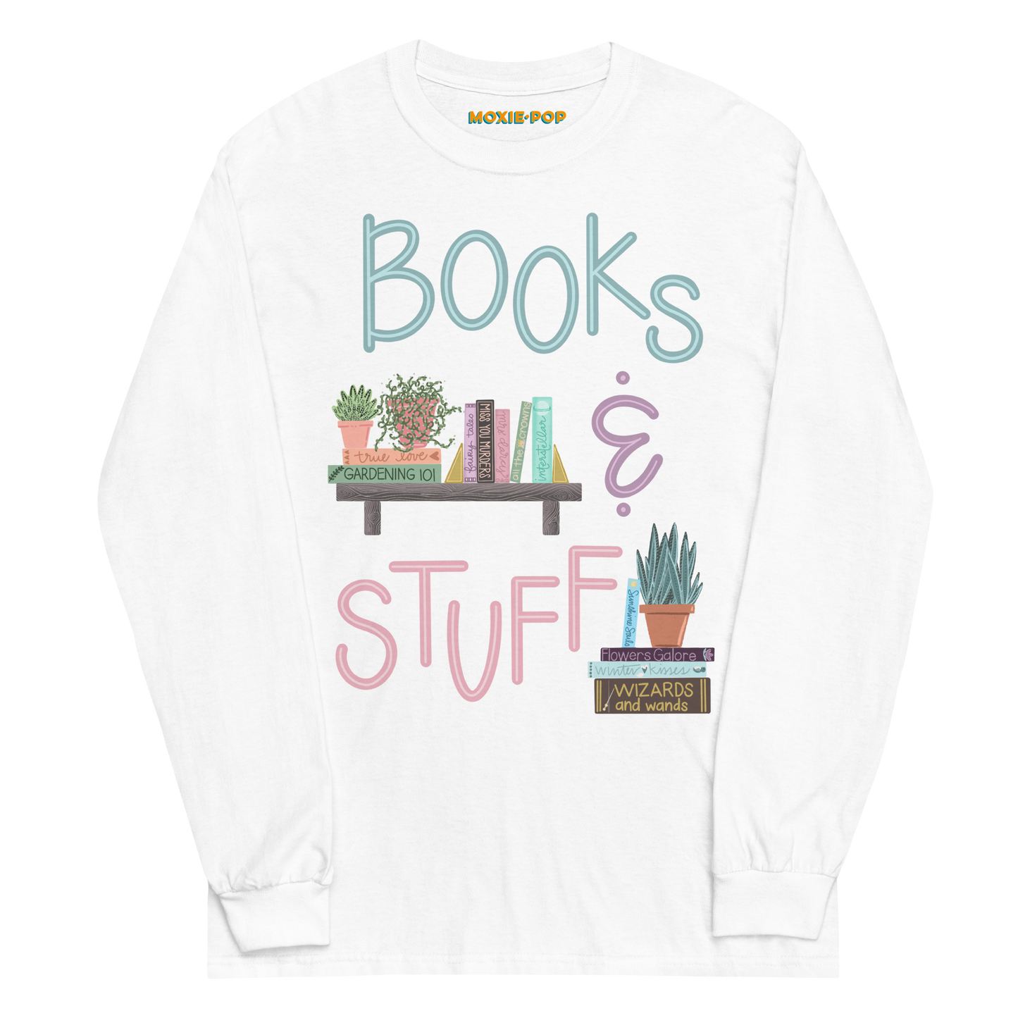 Moxie•Pop's men's long sleeve graphic tee with a "books & stuff" with hand-drawn books with potted house plants design lay-flat product image in white