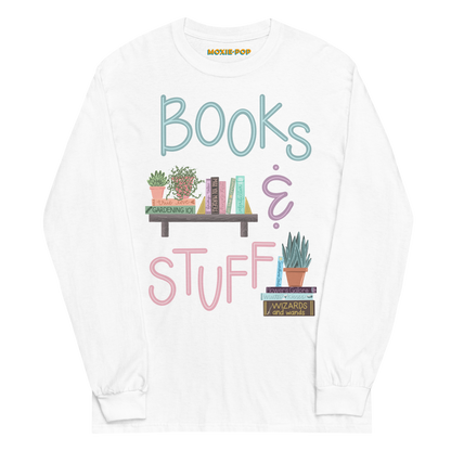 Moxie•Pop's men's long sleeve graphic tee with a "books & stuff" with hand-drawn books with potted house plants design lay-flat product image in white