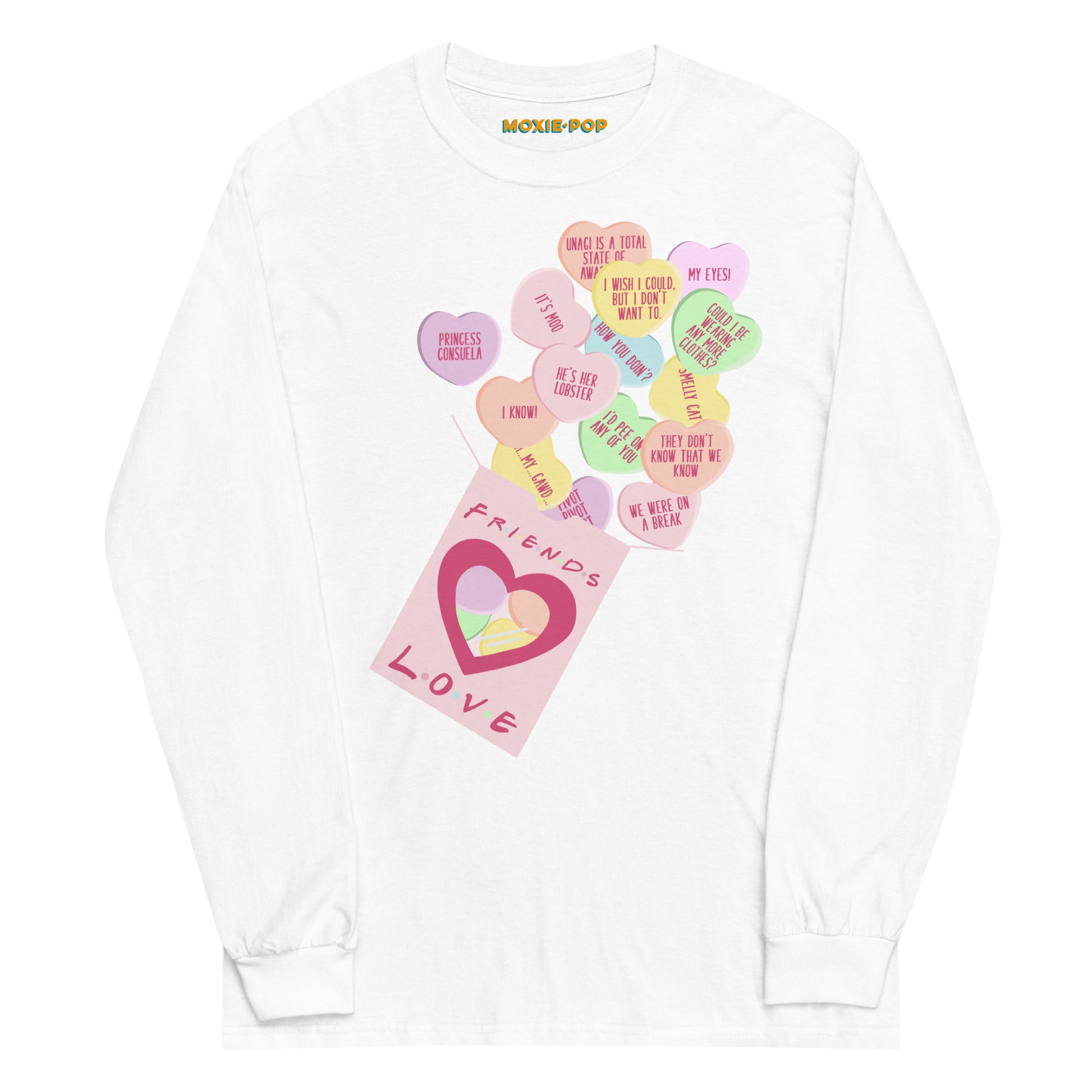 Lay flat product image of Moxie•Pop's men's long sleeve graphic tee with Valentine's conversation hearts with quotes from the Friends TV show and a box that reads "Friends Love" in White