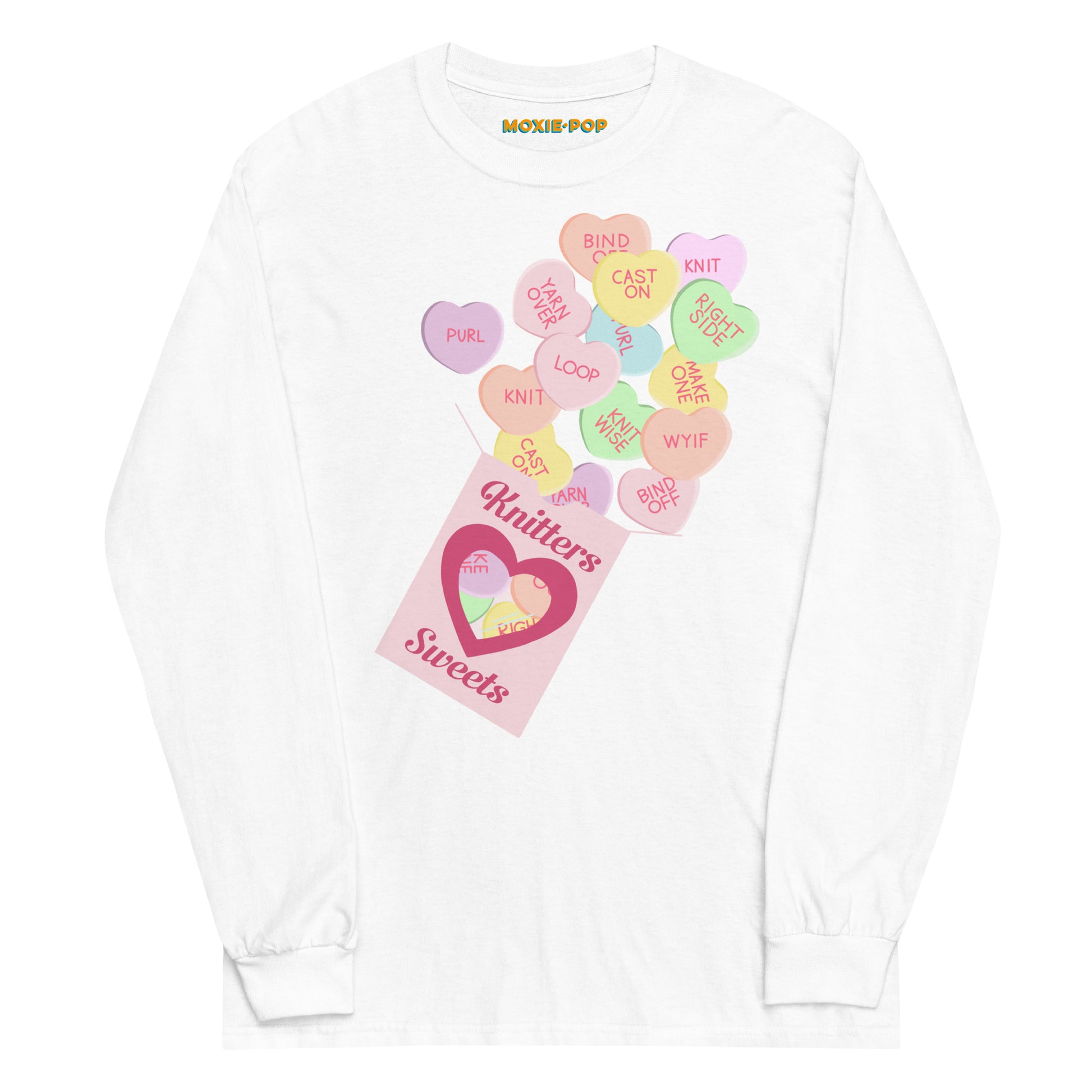 Ghost product image of Moxie•Pop's men's long sleeve graphic tee with a box of "Knitter Sweets" and Valentine's conversation hearts with knitting terms design in white