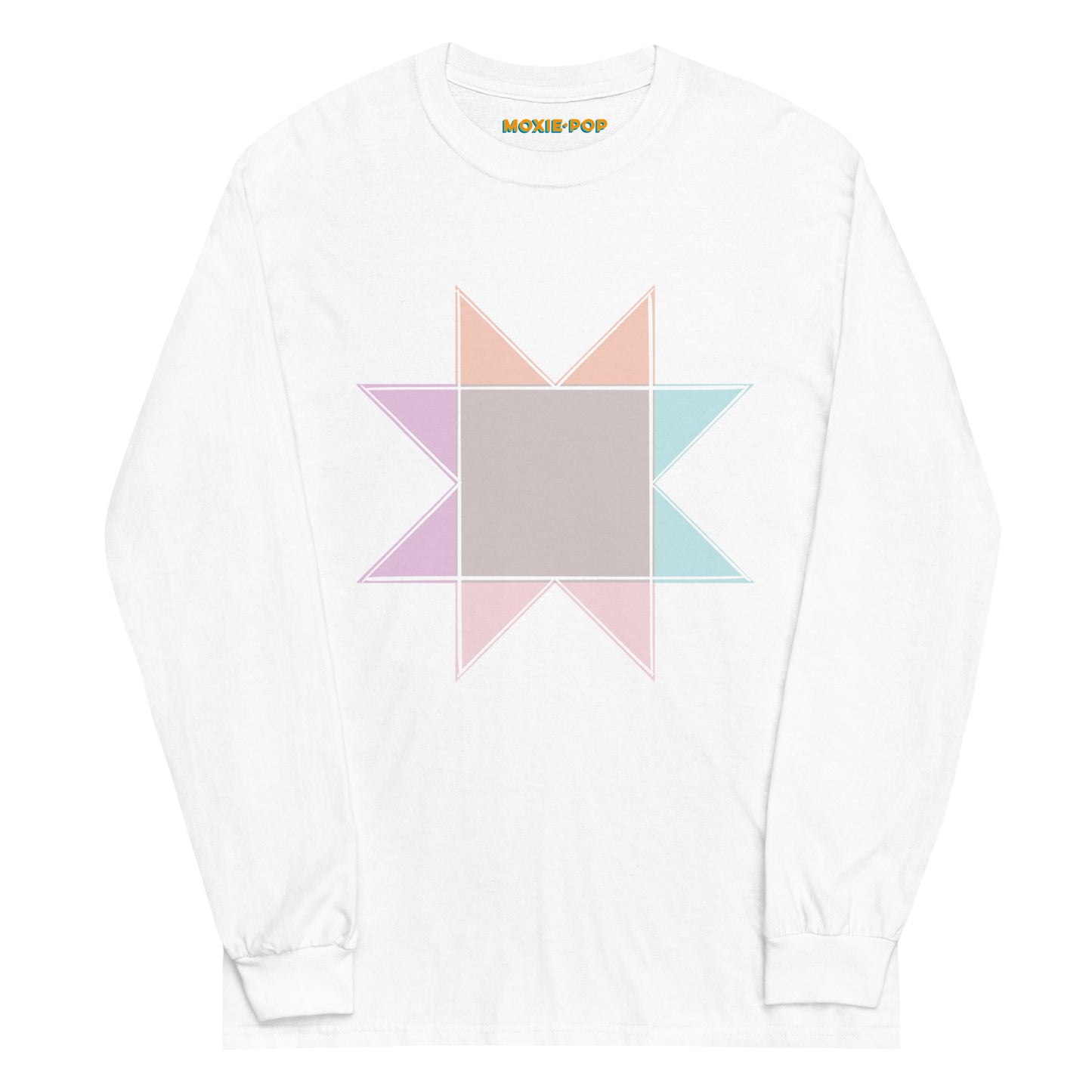 Ghost image of Moxie•Pop's men's long sleeve graphic tee with a pastel sawtooth star quilt block design in white