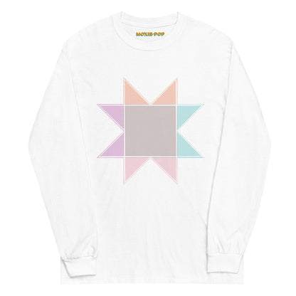 Ghost image of Moxie•Pop's men's long sleeve graphic tee with a pastel sawtooth star quilt block design in white