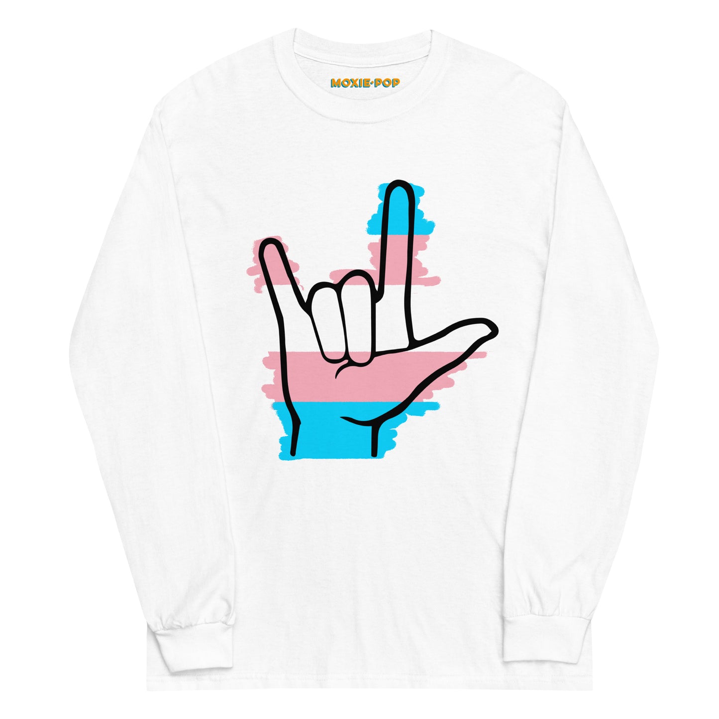 Lay flat product image of Moxie•Pop's men's long sleeve graphic tee with blue, pink, and white stripes behind a black ASL I love you hand sign icon in support of transgendered design in white