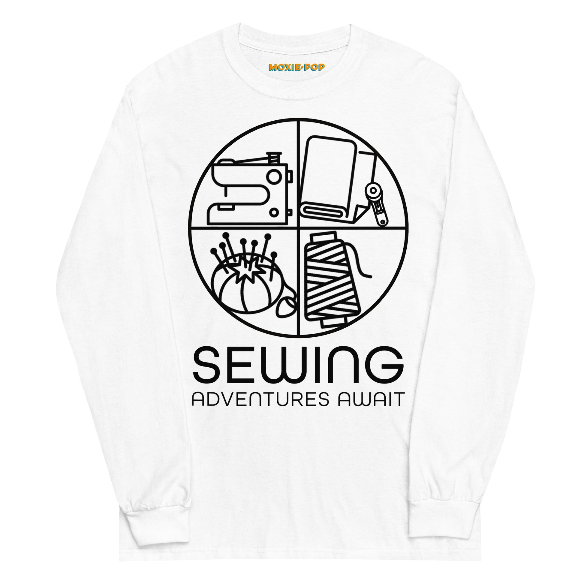 Lay flat product image of Moxie•Pop's men's long sleeve graphic tee with a minimalist design of sewing icons and the phrase "Sewing Adventures Await" design in white