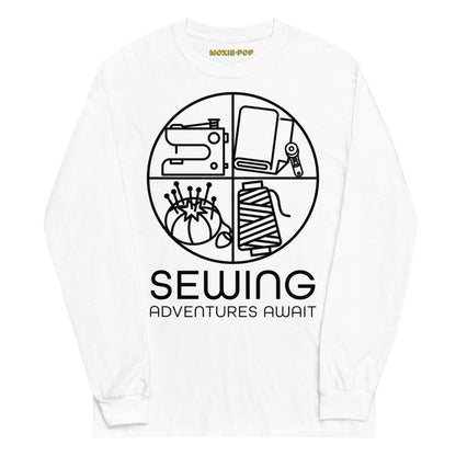 Lay flat product image of Moxie•Pop's men's long sleeve graphic tee with a minimalist design of sewing icons and the phrase "Sewing Adventures Await" design in white